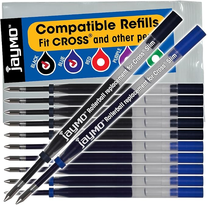 Replacement for Cross Slim 8910, Gel Rolling Ball Refill, 6 Black + 6 Blue