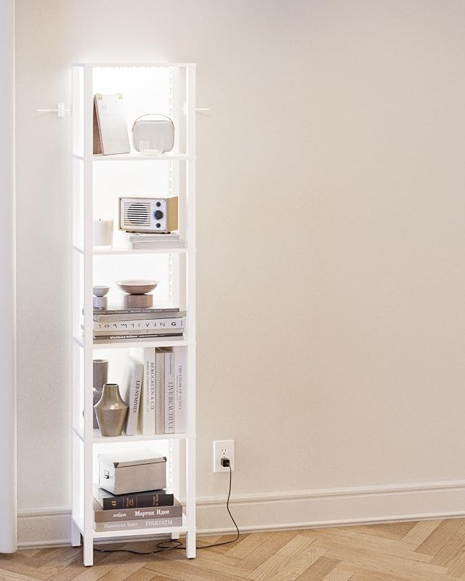 Open Book Shelf with LED Lights, 6 Tier Tall Bookshelf, Narrow Bookcase with Open Shelves, 14.57" x 10.63" x 65.83", Book Shelves for Living Room, Office, Study, White