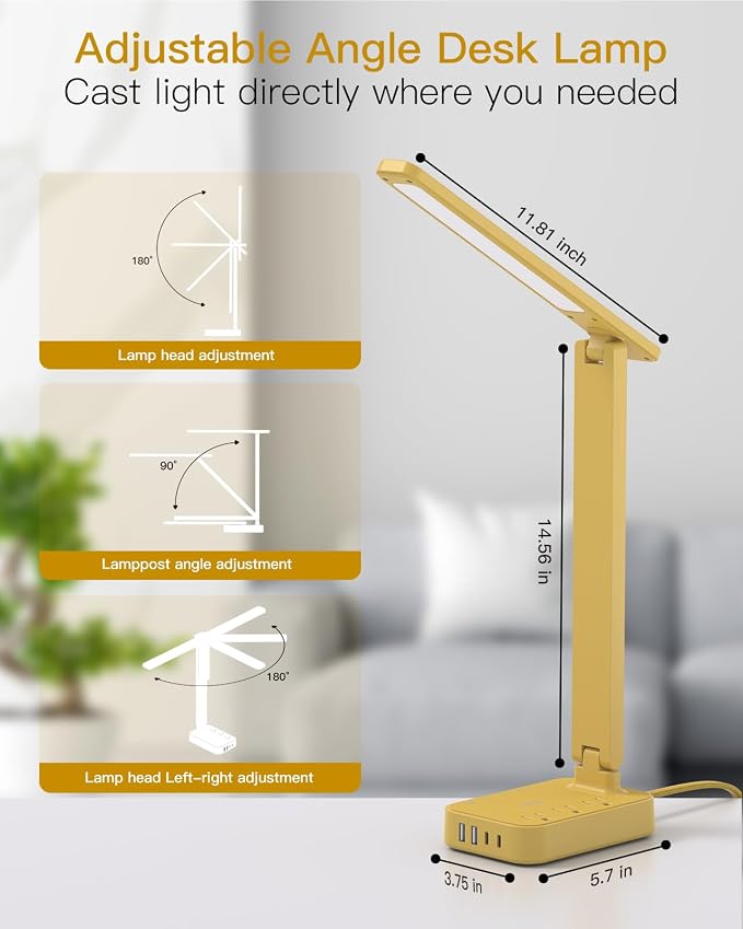 Addtam LED Desk Lamp, Power Strip with 3 Outlets 4 USB Charging Ports(2 USBC), 4 Modes 5 Level Brightness Touch Lamp, Small Desk Lamp for Home Office College Dorm Room Essentials, Yellow
