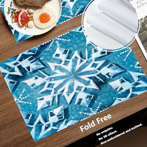 Batmerry Blue Winter Snowflakes Placemats, Seamless Blue Abstract Geometric Washable Linen Table Mats for Kitchen Table Double Insulation Decor Dining Set Indoor Outdoor 12X18 in Set of 4