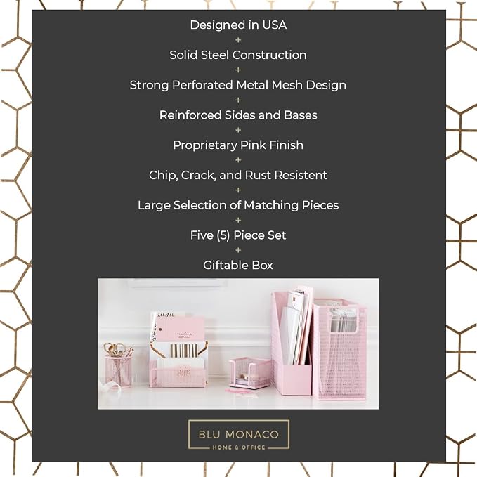 BLU MONACO | Pink Desk Organizer Set | 5 Piece Metal Office Desk Organizer with Hanging File Holder, Magazine Organizer, Pen Cup, Sticky Note Holder, Letter Sorter | Desk Organizers and Accessories
