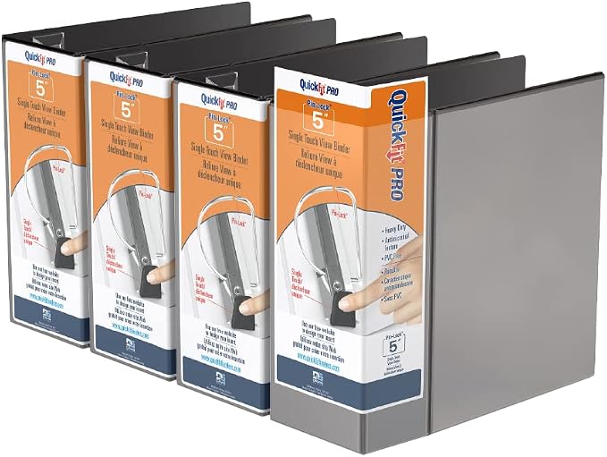 QuickFit PRO Heavy Duty Single Touch View Binder, D Ring, Black, 4 Pack, 5 Inch