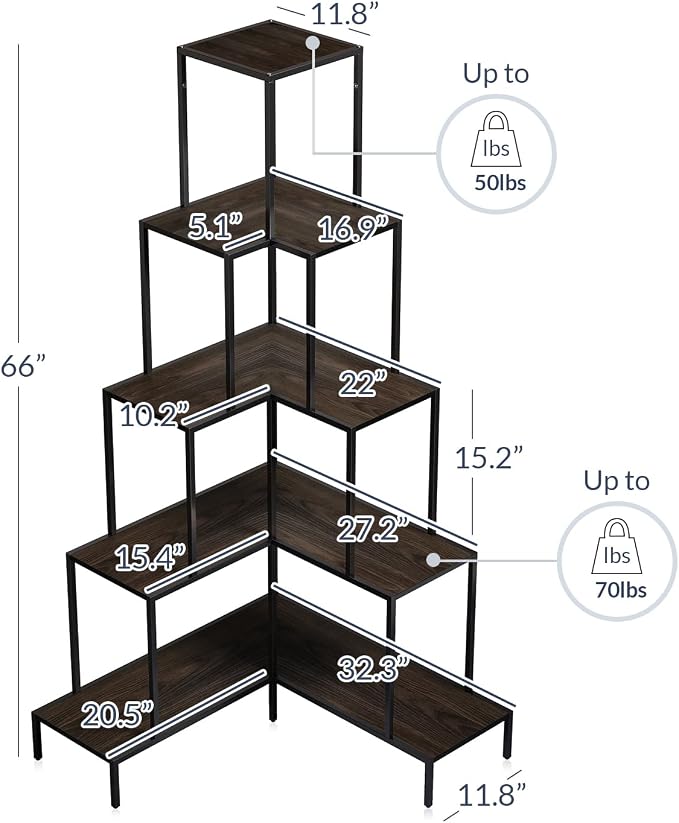 BELLEZE 5-Tier Corner Bookshelf with RGB Lights and Remote, 66" Tall L-Shaped Corner Bookcase, Storage & Display Rack for Living Room, Courtyard, Home Office - Gray