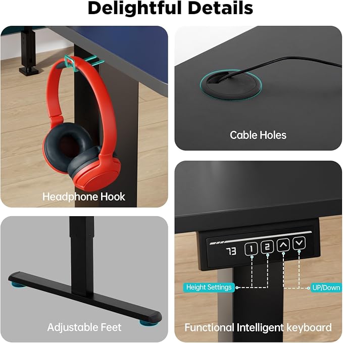 PayLessHere 55 Inch Electric Standing Desk Computer Desk with Large Space and Headphone Holder Office Desk with Electric Lifting and 2 Memory Function for Office Meeting Room,Black