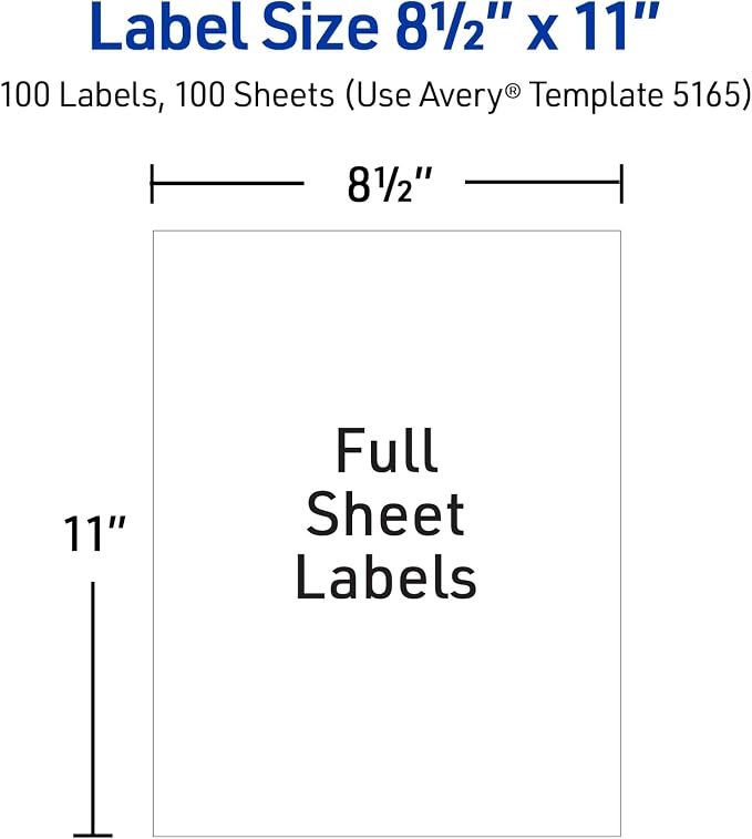 Avery Full-Sheet Printable Shipping Labels, 8.5" x 11" Customizable Stickers, White, 500 Blank Mailing Labels, Great for Mailing, Shipping, Organizing, and More (5-Pack of 5165)