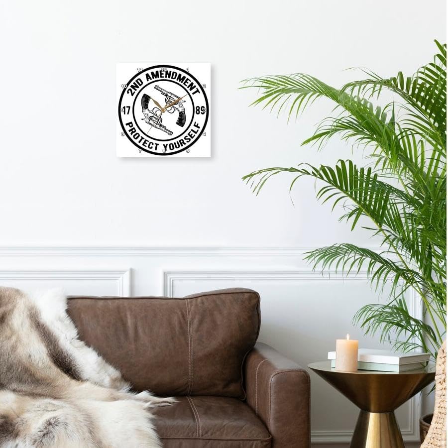 3dRose Wall Clock Silent - 10 inch - 2nd Amendment Protect Yourself in a Double Circle with Gun Clipart. - Stamp City - Typography
