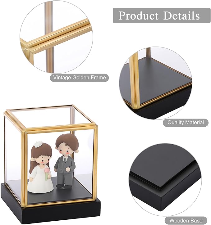 Hipiwe Clear Glass Display Box Case for Collectibles with Black Wood Base | Vintage Gold Display Case for Plants Action Figurine Models Keepsake Boxes, Square, 3.3x3.3x3.6 Inch