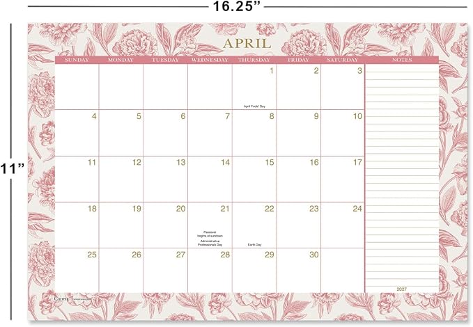 Current 2027-2028 Desk Calendar | Toile Floral, 11” x 16.25”, Large, 2024-Month, 12 page Designs, Self-Stick Magnet Strips