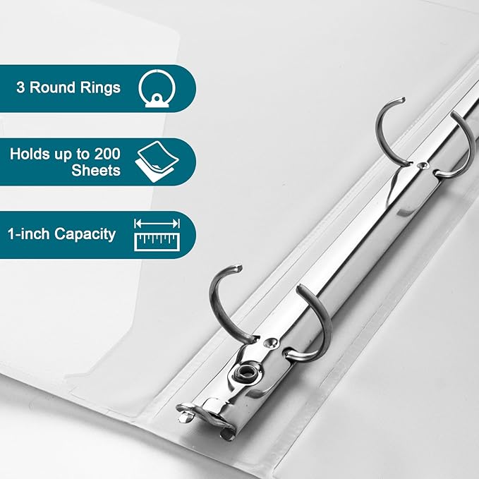 Bulk 3 Packs 1'' Economy 3-Ring Binders, 1 Inch Round Rings, US Letter Size 8.5'' x 11'', 200 Sheets Capacity, ClearVue Presentation View, Non-Stick, White (3)