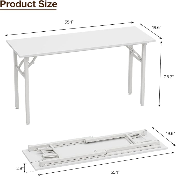 TEMI Long Computer Desk Folding Table - 55.1" Foldable Office Desk, No Assembly, Perfect Writing Table for Bedroom or Apartment, Portable Large Desk or Study Table with Compact Design, White Ash