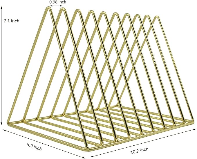 9 Slot Magazine Rack Book Record Holder, Desktop Iron Storage Rack Bookshelf Multifunction Triangle File Organizer Sorter for Decor Home Office, Golden Pack of 2