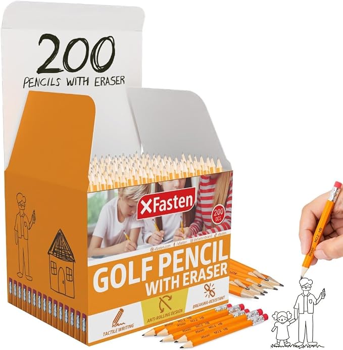 XFasten Golf Pencils with Erasers Bulk, 200-Pack 3.5" #2 HB Pre-Sharpened Easy-to-Grip Half Mini Golf Pencils for Kids, Adults, and School Supplies - Hexagonal, Smooth Writing, and Non-Smudging