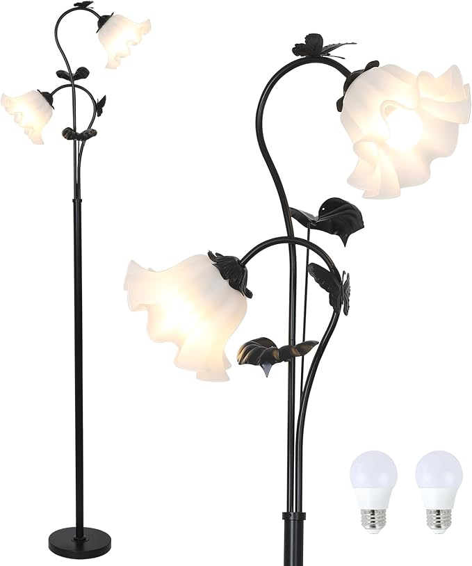 HMVPL Black Floor Lamp for Living Room, Flower Standing Lamp with 2 LED 5W Blubs, Foot Switch, Floral Tall Lamp with Acrylic Shade, Antique Lotus Flower Floor Lamp for Living Room Office Reading