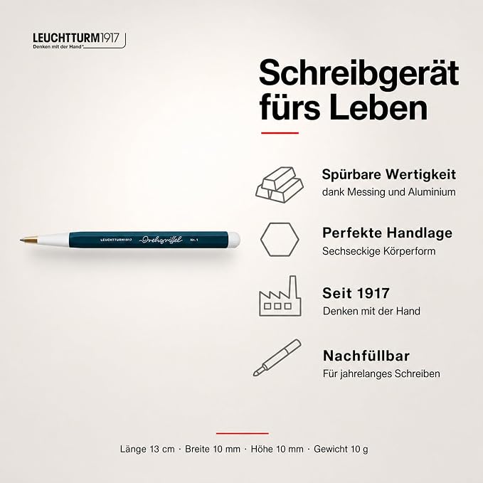 LEUCHTTURM1917 372214 Twist Pen No. 1, Brass, Aluminum, Ballpoint Pen Refill with Blue Ink, Design Award-Winning, Deep Sea