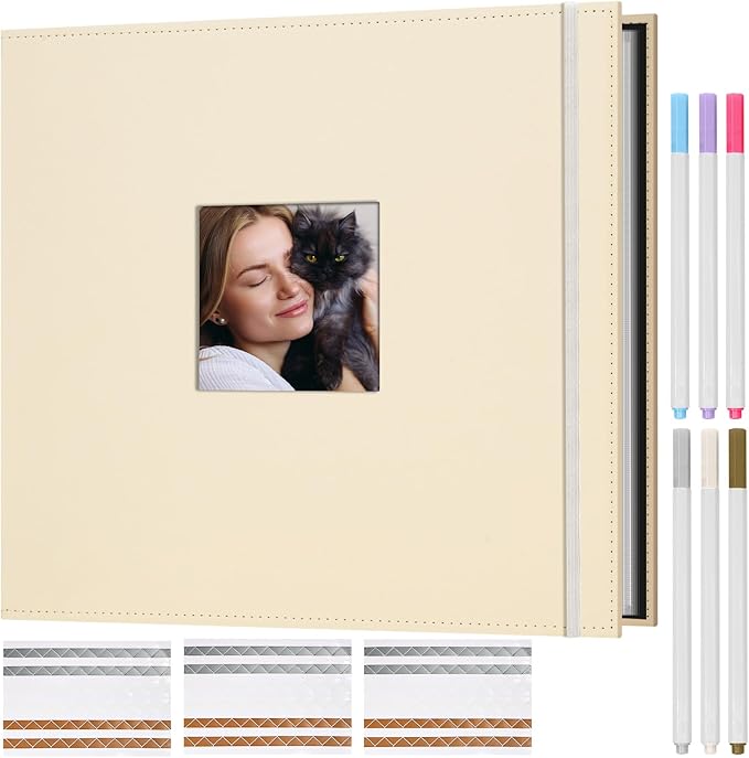 Leather 3-Ring Scrapbook Album 12x12, Beige | DIY photo memory book, 50 sleeves/100 pages, PVC protected acid-free for wedding travel family