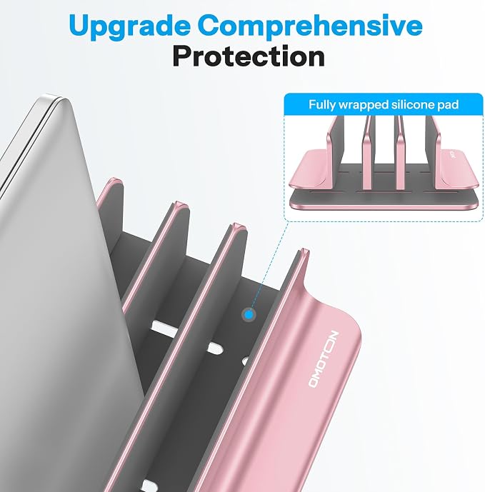 OMOTON 3-Slot Multiple Vertical Laptop Stand, Fits MacBook, Rosegold | Adjustable Width 0-1.38", Aluminum Office Space-Saving for Desk, Fits MacBook/Book/iPad Up to 17.3in