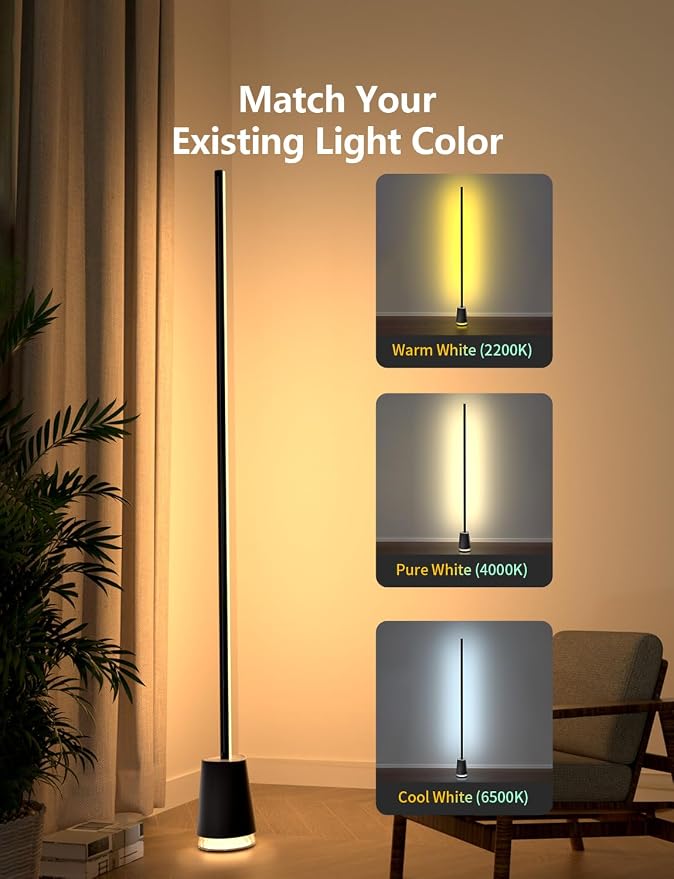 Lanmonlily Corner Floor Lamp, 1600lm RGB Corner Lamp, with Bluetooth Speaker and White Noise, Compatible with Alexa & Google, 16 Million DIY Colors, Sync with Music, for Bedroom &Living Room
