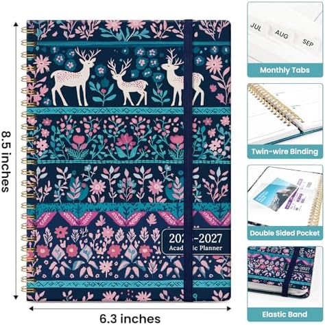 Planner 2026-2027, Jul 2026-Jun 2027 Academic Monthly & Weekly Planner | 6.3" x 8.5" Hardcover Pretty Calendar Planner for Women, Spiral Organizer for School Office Home Supplies, Nordic Forest