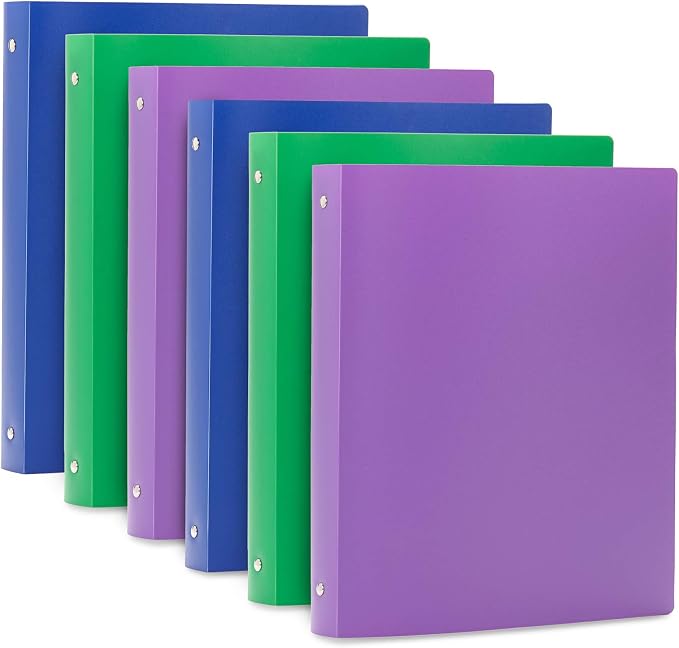 Blue Summit Supplies 6 Plastic 3 Ring Binders, 1 Inch, Assorted Colors | fits letter paper, 1 in round rings, flexible poly cover, inside pocket, for school, office, and home