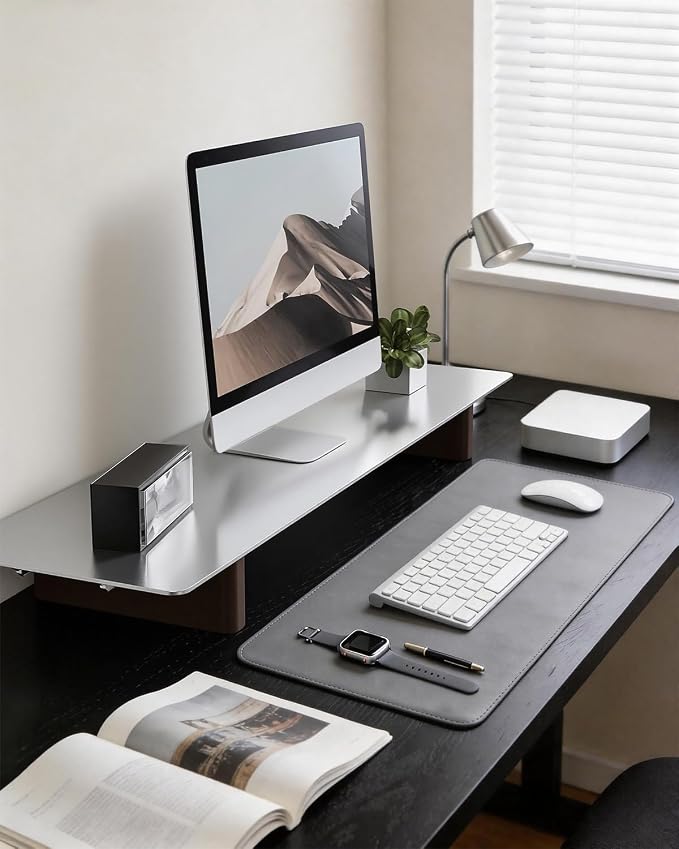 Aluminum Monitor Stand Riser, Ergonomic Desktop Shelf with Wooden Legs - 31.5” Wide Heavy Duty Computer Stand for Home Office, Universal Desktop Monitor Riser for PC, iMac, MacBook, Laptop