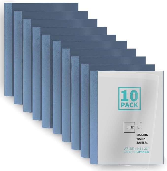 Binditek Thermal Binding Presentation Covers, 1/8 Inch Spine, Blue,10 Pack | Thermal Binding Covers, 30 Sheets Capacity, Ultra Clear Front, Blue Paper Back Cover, Letter Size, for Students & Coworkers