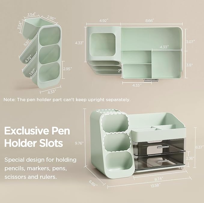 HBlife Desk Organizer with Pen Pencil Holder for Desk, Pen Organizer with 2 Drawers, Desk Organizers and Accessories with 4 Compartments, Desktop Storage for Office Home School Art Supplies, Green