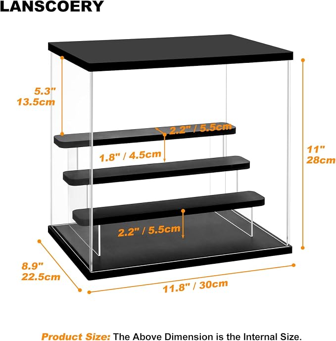 LANSCOERY Acrylic Display Case with RGBW Lights, 4 Tier Black | 11.8 x 8.9 x 11 in case displays small figures on desks or shelves with tiered rows and front access.