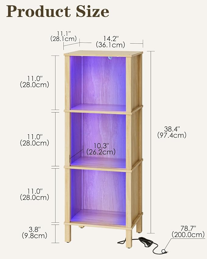 Bookshelf with LED Lights, Modern 3-Tier Bookcase, Open Storage Book Shelf, 11 × 14.2 × 38.9 Inches, Small Narrow Bookshelves for Living Room, Home Office, Bedroom, Natural