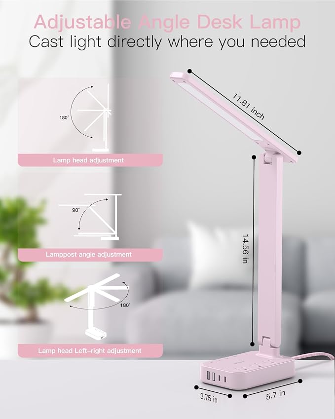 Addtam LED Desk Lamp, Power Strip with 3 Outlets 4 USB Charging Ports(2 USBC), 4 Modes 5 Level Brightness Touch Lamp, Small Desk Lamp for Home Office College Dorm Room Essentials, Pink