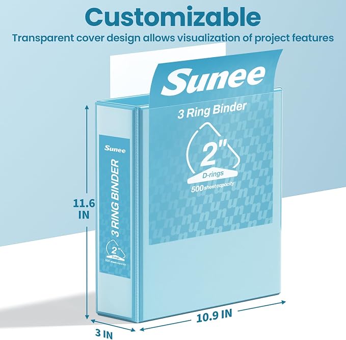 SUNEE 3 Ring Binder 2 Inch D Ring, Clear View Binder Three Ring PVC-Free (Fit 8.5x11 Inches) for School or Office Supplies, Sky Blue, 1 Pack