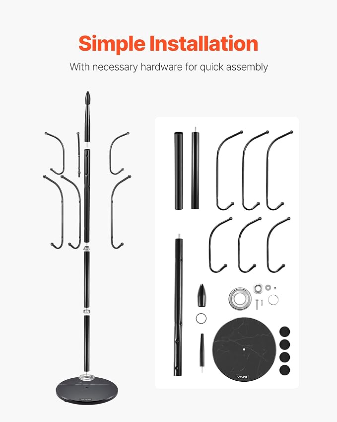 VEVOR Coat Rack Freestanding, Coats Tree Stand with Stable Marble Base & 6 Hooks, Free Standing Hall Coat Rack for Entryway, Bedroom, Office, Living Room, Modern Clothes Hanger for Coats, Hats, Bags