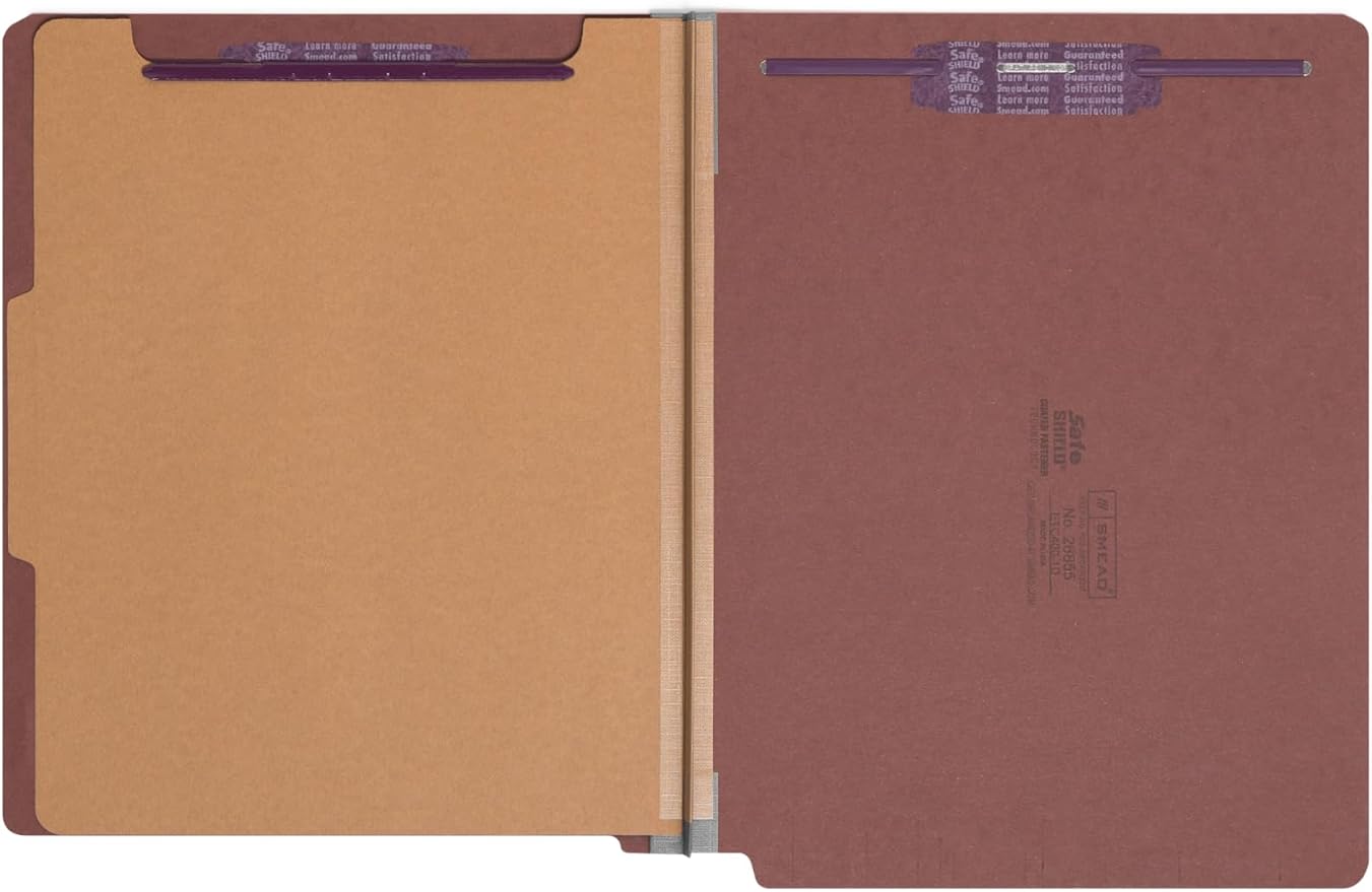 Smead End Tab Pressboard Classification File Folder with SafeSHIELD® Fasteners, Letter Size, 1 Divider, Red, 10 Folders per Box (26855)