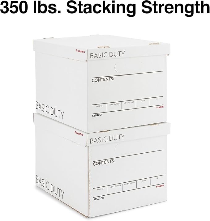 STAPLES Corrugated File Box, Lift-Off Lid, Letter/Legal, White/Black, 10/Pk | Stackable storage boxes for document organization in offices, archives, and storage rooms.