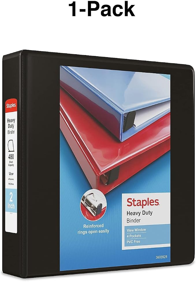 Staples Heavy‑Duty 2‑Inch 3‑Ring View Binder, Durable Binder for Office & School Storage, Black
