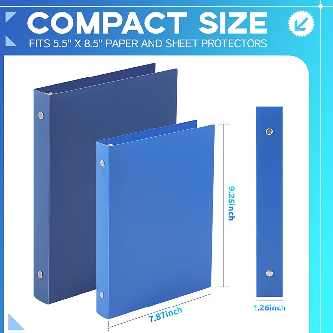 Henoyso 1 Inch 6 Pack Mini 3 Ring Binders for 5.5"x8.5" Paper,Blue | Holds 200 Sheets, Plastic Small Binders, Round Three Rings, Flexible PP Covers, School Office, Photo Album Planner Journal