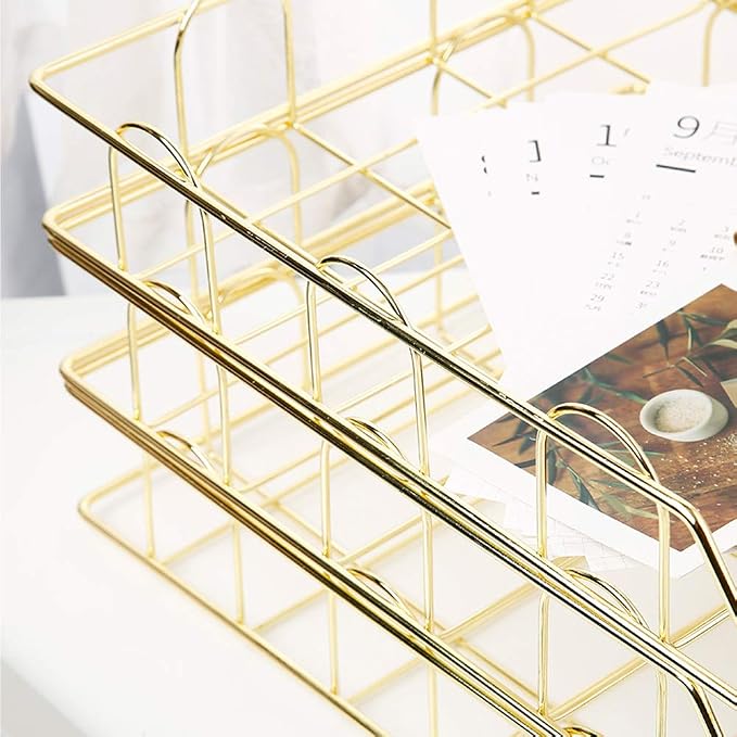 Jolitac Rose Gold 4-Tier Stackable Paper Tray Desk Organizer, Workspace Decorative Stacking Rack Supplies Holder, Metal Letter Trays for File Documents in Home & Office (Gold)