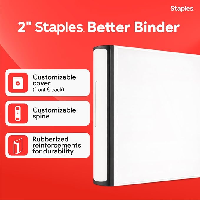 Staples Better Binder, 2 Inch 3-Ring, White, Heavy-Duty | Reinforced binder built for school and office document organization.