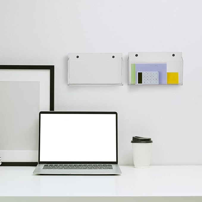 Feifeiya 2Pcs Clear Acrylic File Holder Wall Mount Mail Magazine Organizer File Holders with Screw Wall Office Document Storage Magazine Brochure(14"x8.3"x2.4",Widening Horizontal,Clear)