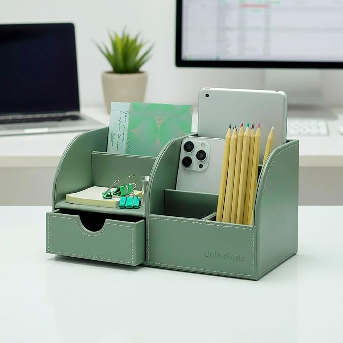 UnionBasic Desk Organizer - Multifunctional Leather Desktop Pen Holder Storage Box - Business Card/Pen/Pencil/Mobile Phone/Stationery Holder, Malachite Green