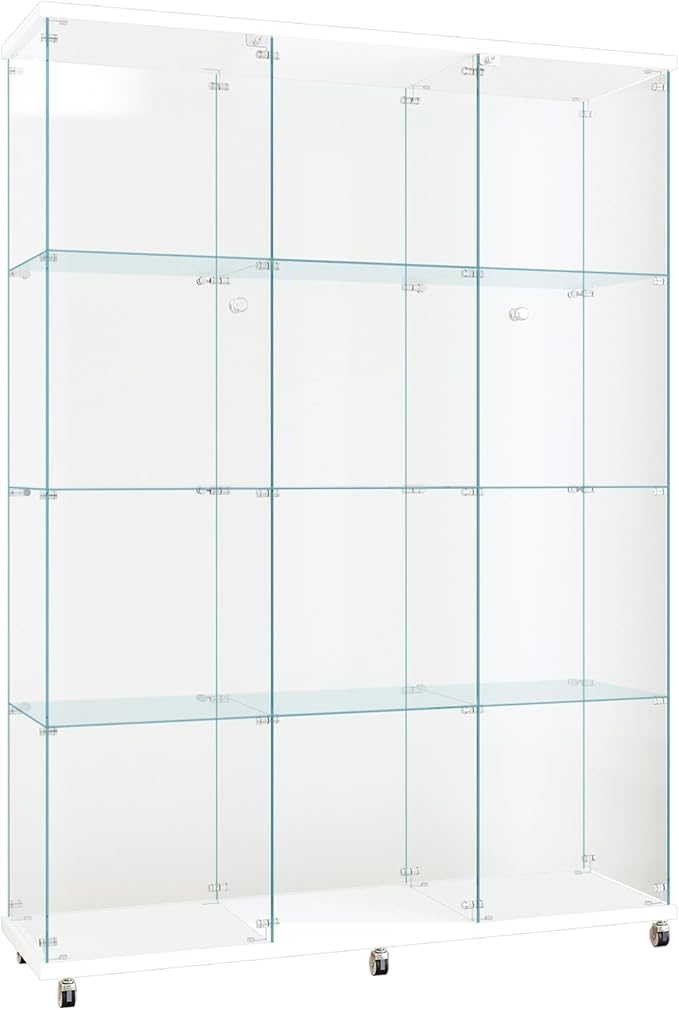 FLYMUHJIA Curio Cabinets with Glass Doors Modern Glass Shelves Tempered Glass Display Cabinet with Lock Figure Display Case (4-Shelf 3-Door, White)