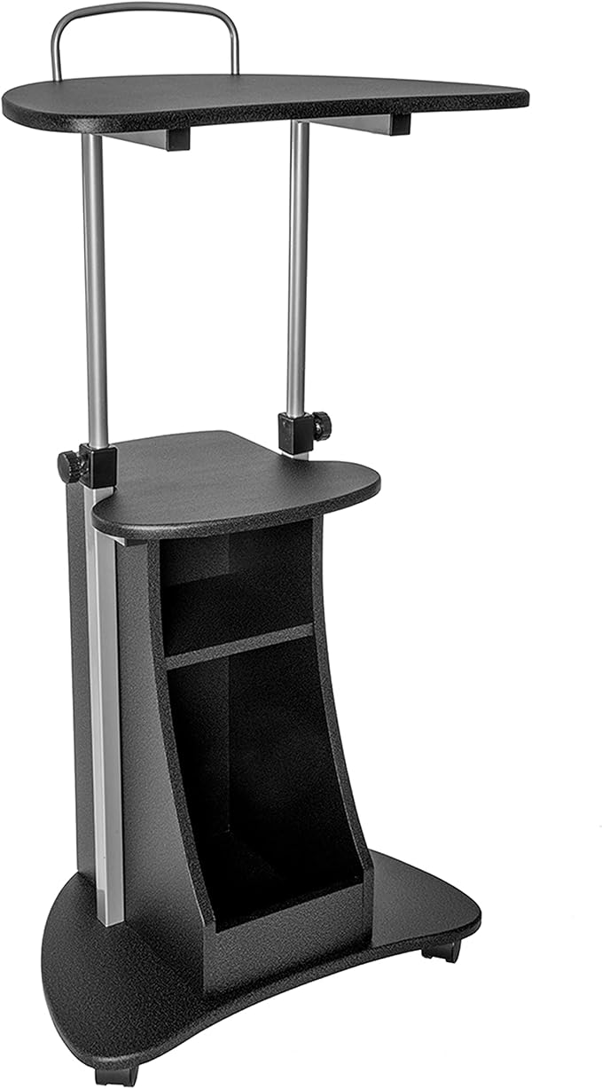 Techni Mobili Adjustable Height Rolling Laptop Cart with Storage, Graphite | Adjustable height rolling laptop cart with storage drawer, open shelf, wheels, sit‑stand design for office or medical use