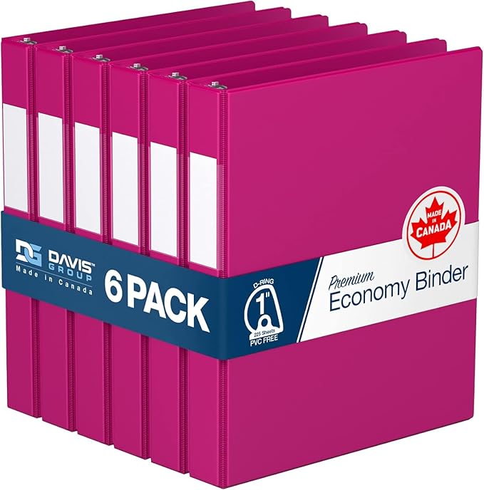 Premium Economy 3-Ring Binder, Spine Label, 1" D Rings, 6 Pack | Heavy-duty binder, fits 8.5" x 11" paper, pink, customizable spine, made in Canada, ideal for school or office use