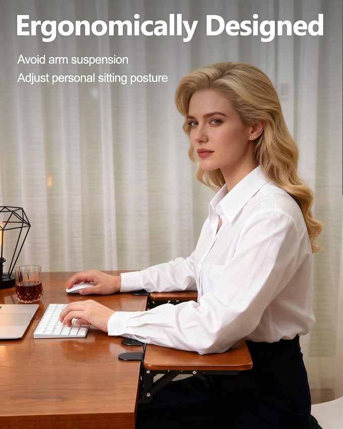 Ergonomic Wood Desk Extender Tray, Foldable Elbow Wrist Rest Shelf | 8.2"x7.6" Clamp On, 90° Adjustable, Space Saving Table Mount Arm Support for Office Home Working,Fits Up To 1.77in Thick Desk