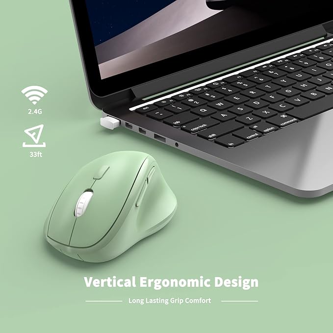 Ergonomic Wireless Mouse with USB Receiver for PC Computer, Laptop and Desktop, Ergo Vertical Mouse with Silent Clicks Long Battery Life, Up to 1600 DPI & 1 AA Battery Powered, Green