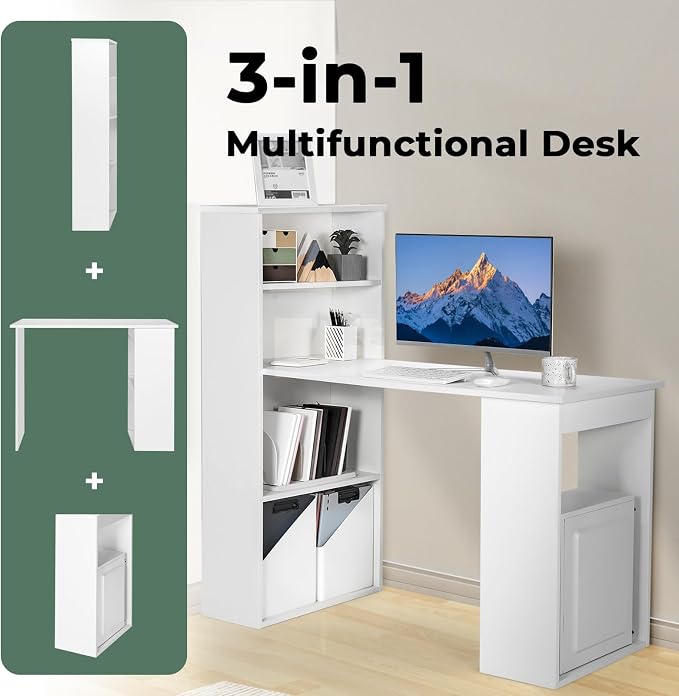 GRAFFY Computer Desk with 6 Storage Shelves - 48" Reversible Writing Desk Workstation with Bookshelf and CPU Stand, Modern Compact Office Desk for Bedroom, Study, Home, Office (White) | Reversible Writing Desk with 6 Storage Shelves, Modern Compact Off...