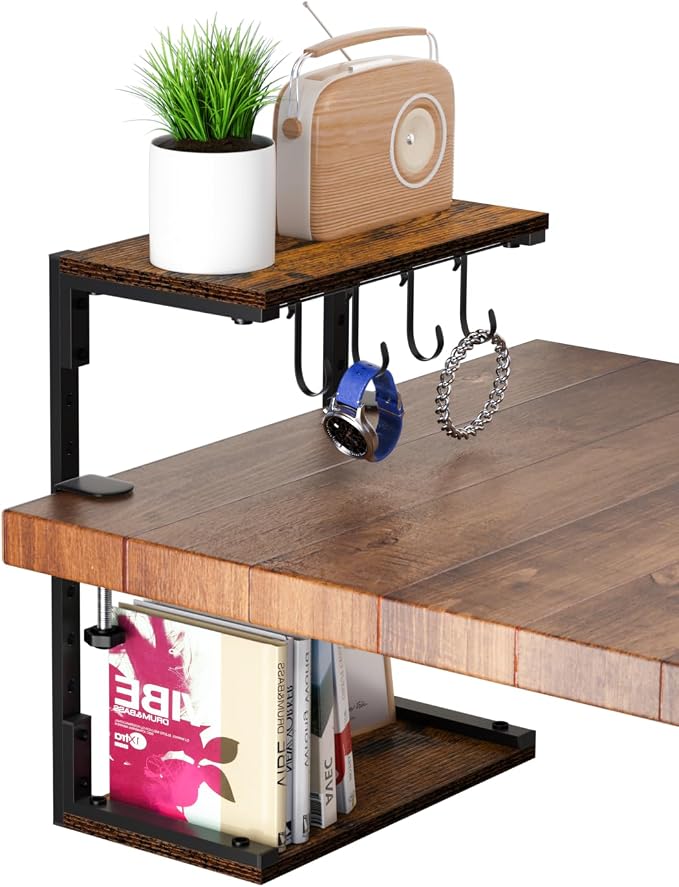 Clamp-On Desk Organizer Shelf, 13 inch Adjustable Height and Versatile Hook, Above or Below Desk 2-Tier Shelving, Shelving for Table Accessories, Gaming Devices, and More