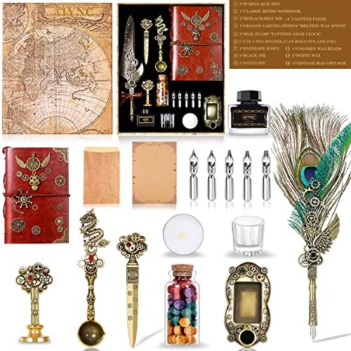 Quill Pen and Ink Set, With Notebook Wax Seal Stamp Kit, Calligraphy Set for Writing Lovers, Valentine's Day and Birthday Gifts, Ideal for Holidays(Peacock Feather)