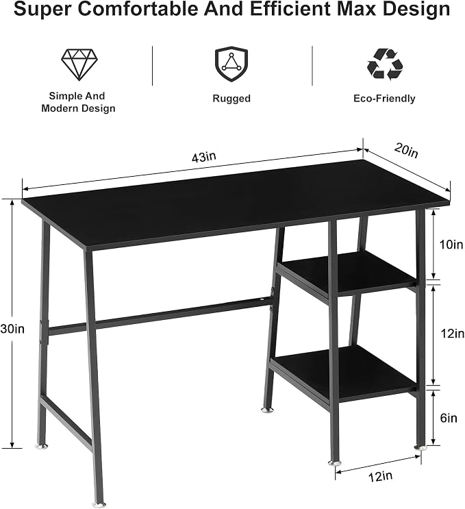 VECELO 43.1 Inch Computer Desk Home Office Black Study Desk Work Office Table with Shelves Wooden Desk for Bedroom