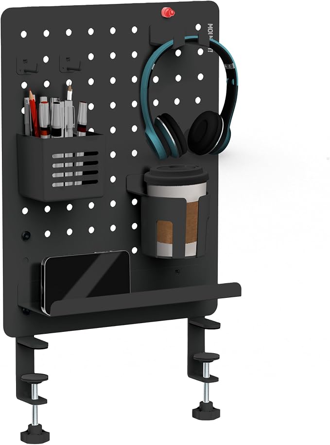 Mount-It! Clamp-On Magnetic Pegboard Organizer, 16.5x15.9 | No-drill desktop storage with 7 accessories, vertical or horizontal mount for home office, gaming & crafting, black.