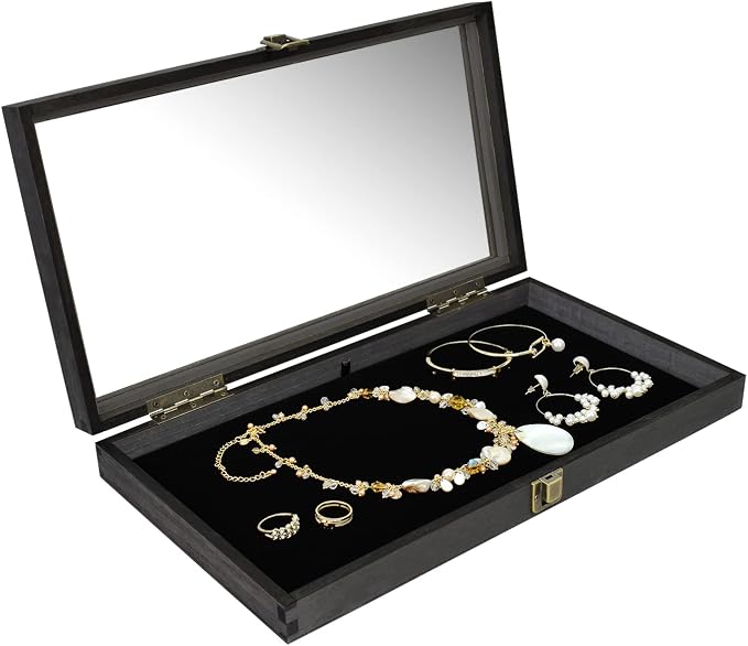 MOOCA Wooden Jewelry Display Case, Pocket Knife Display Case with Tempered Glass Top Lid and Removable Black Luxurious MDF Velvet Jewelry Pad, Black Color